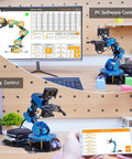 LewanSoul robotic arm kit, blue aluminum joints, on desk with PC software control screen and smartphone app.