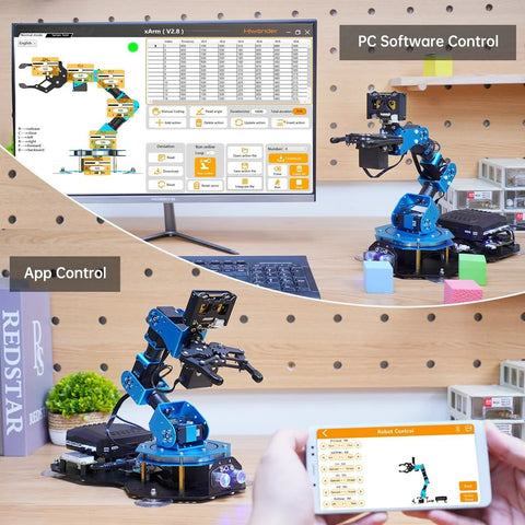 LewanSoul robotic arm kit, blue aluminum joints, on desk with PC software control screen and smartphone app.
