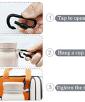 Using Eight Pack D Shape Carabiner Clips With Screw Gate Two Point Two Inch Aluminum Alloy Key Chain for hanging a cup on a backpack.