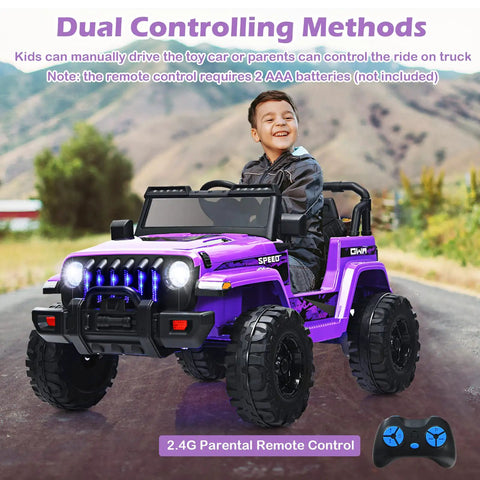 Child driving a purple Kids Ride On Car Truck 12V Battery Powered Electric Vehicle with LED headlights and remote control.