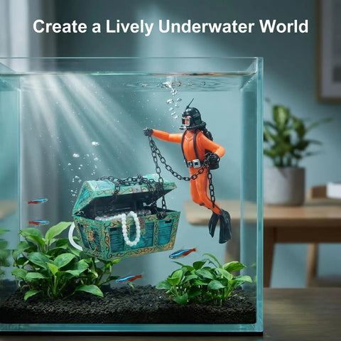 Action Aquarium Bubbler Treasure Chest Decor With Moving Diver For Fish Tanks Air Driven Scuba Ornament And Aerating Accessory