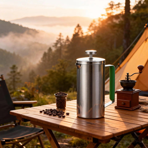 Stainless Steel French Press Coffee Maker 21 Oz Capacity Portable Camping Travel Coffee Press With Green Handle BPA Free