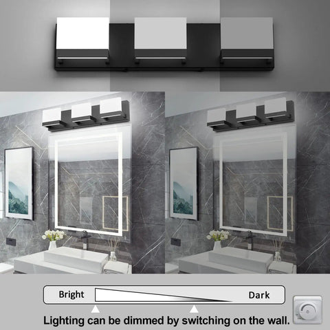 Three Light Black Dimmable LED Vanity Light For Bathroom Up And Down Wall Fixture Over Mirror With Frosted Acrylic Shade 6000K