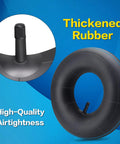 13 By 5.00-6 Inner Tube With TR-13 Straight Valve For Lawn Mowers, Wheelbarrows, Hand Trucks, Go Karts, Generators And More, Ready To Roll Replacement Inner Tube For 6 Inch Rims showing thickened rubber and high-quality airtightness on blue background.