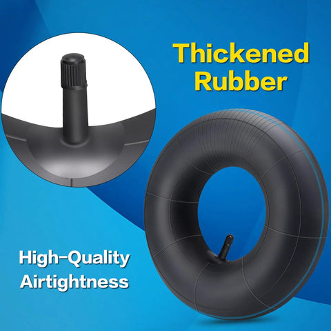 13 By 5.00-6 Inner Tube With TR-13 Straight Valve For Lawn Mowers, Wheelbarrows, Hand Trucks, Go Karts, Generators And More, Ready To Roll Replacement Inner Tube For 6 Inch Rims showing thickened rubber and high-quality airtightness on blue background.