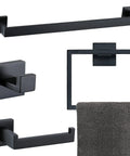 Matte Black Stainless Steel 4 Piece Bathroom Set Dope Finish Towel Bar Towel Rack Towel Holder And Toilet Paper Holder 23.6 Inch Rustproof SUS304 Bath Hardware For Modern Homes featuring towel bar, rack, and holder.