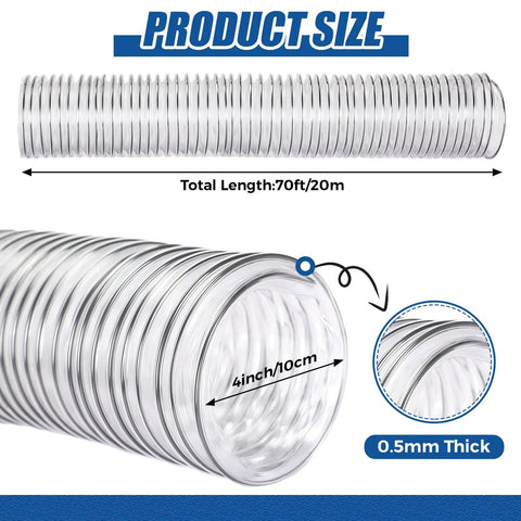 Flexible 4 Inch Diameter 70 Foot Clear Dust Collection Hose For Workshop Vacuums, Heavy Duty Puncture Resistant PVC Vacuum Hose For Dust Debris Fume Collection And Filtration Systems