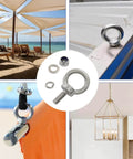 10 Piece M6 x 16mm Stainless Steel Eye Bolts Set with Nuts and Washers shown used for rigging, hoisting, and secure anchoring