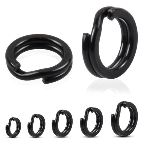 Fishing Split Rings Assortment Kit with 200 Pcs Stainless Steel Rings, sizes 4.0-6.0 mm, black double flat wire snap rings.