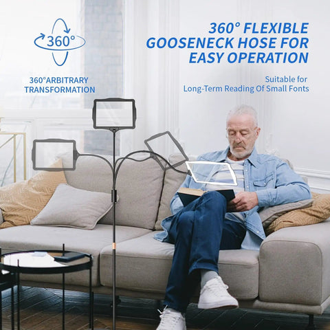 Man using Floor LED Magnifier With Light And Stand Hands Free 2 In 1 Large Lighted Magnifier Lamp For Reading, Seniors, Close Work.