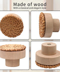12 Pack Brown Boho Rattan Dresser Knobs With Screws Included, 40mm By 30mm Cabinet Drawer Knobs, Natural Wood Pulls For Furniture, Rustic Modern Vibe, Durable Solid Wood Construction, Smooth Finish, Easy Install. Top and side views of woven wood cabinet knob.