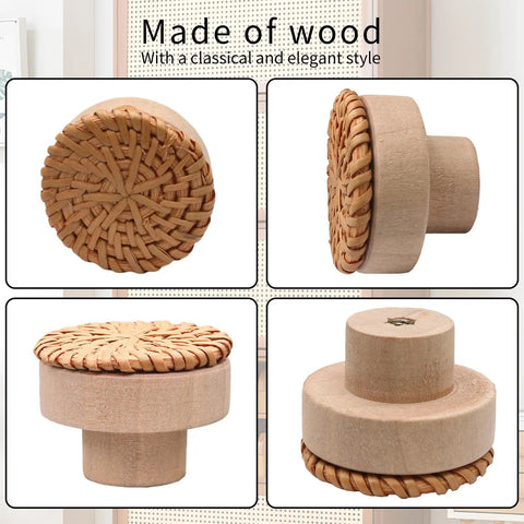 12 Pack Brown Boho Rattan Dresser Knobs With Screws Included, 40mm By 30mm Cabinet Drawer Knobs, Natural Wood Pulls For Furniture, Rustic Modern Vibe, Durable Solid Wood Construction, Smooth Finish, Easy Install. Top and side views of woven wood cabinet knob.