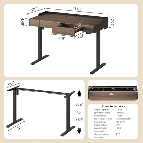 ModernMate Electric Standing Desk With Storage Drawers, Height Adjustable Sit Stand Table with detailed dimensions and features.