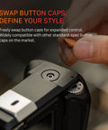 Close-up of customizable button cap on DJI Osmo Action 6 Street Snap Kit Camera Cage With Quick Release Hand Grip Built In Battery Storage Locking Dial And Swappable Button Caps For Customization Black.