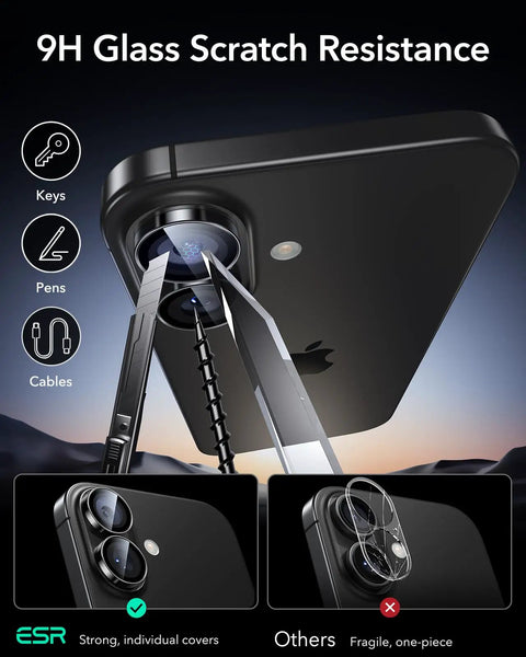 Beefed Up Camera Lens Protector for iPhone 17 16 16 Plus, showing scratch resistance test with keys, pens, cables