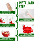 Installation steps for Two Pack Window Hummingbird Feeder With Super Sturdy Suction Cups And Built In Ant Moat Easy To Clean And Refill Eight Point Eight Ounce Capacity Outdoor Red Feeders For Quick Bird Watching, showing cleaning, attaching, adding nectar, and closing flower lid.