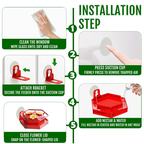 Installation steps for Two Pack Window Hummingbird Feeder With Super Sturdy Suction Cups And Built In Ant Moat Easy To Clean And Refill Eight Point Eight Ounce Capacity Outdoor Red Feeders For Quick Bird Watching, showing cleaning, attaching, adding nectar, and closing flower lid.