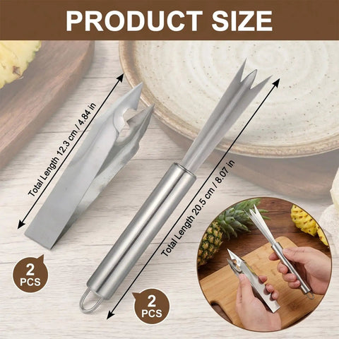 Heavy Duty Stainless Steel Pineapple Eye Remover Tool Set With Eye Clip And V Shape Cutter Knife dimensions shown with tools.