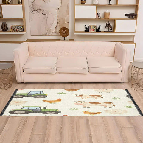Farm Animals Cartoon Tractor Runner Rug 2x6 Non Slip Low Pile Machine Washable Hallway Rug for Entryway, featuring cows and tractors.
