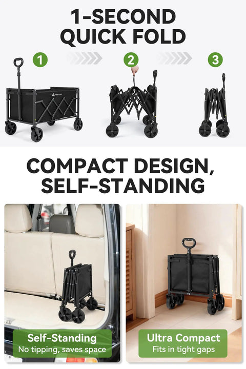 Heavy Duty Folding Wagon Cart With Wheels, Collapsible Utility Wagon For Gear, 220 Lb Capacity, quick fold steps, compact