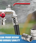Heavy Duty Garden Hose Quick Connect Kit With Three Quarter Inch GHT Fittings Quick Release Connector For Hoses And Sprayers Stainless Steel Build That's Rustproof And Leakproof Easy On Easy Off Built To Last shown installed on a metal water tap