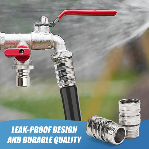 Heavy Duty Garden Hose Quick Connect Kit With Three Quarter Inch GHT Fittings Quick Release Connector For Hoses And Sprayers Stainless Steel Build That's Rustproof And Leakproof Easy On Easy Off Built To Last shown installed on a metal water tap