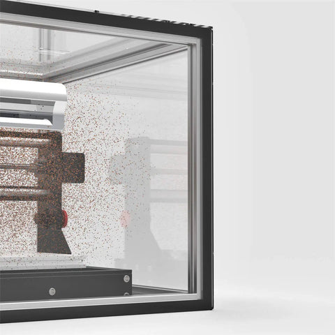 Close-up of Kaba Acrylic CNC Enclosure for 3018 Series with clear viewing, showing internal setup, 460x400x310mm size.