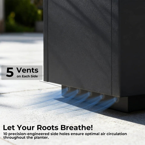 Rectangular Metal Planter Box 36x12x16 Matte Black With Insert Shelf, Drainage Holes And Bottom Water Collection Tray showing side vents