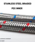 Stainless steel braided heavy duty faucet water supply line extension showing PEX inner with blue and red markers.