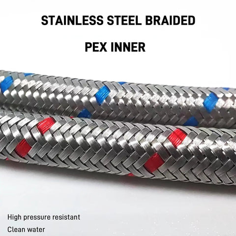 Stainless steel braided heavy duty faucet water supply line extension showing PEX inner with blue and red markers.