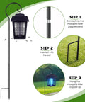 61 Inch Shepherds Hook Bug Zapper Outdoor Hanger Ground Stake Garden Plant Stand Stake For Flower Baskets Bird Feeders And Wedding Decor Easy Yard Setup - image showing installation steps with black metal hook and bug zapper lamp