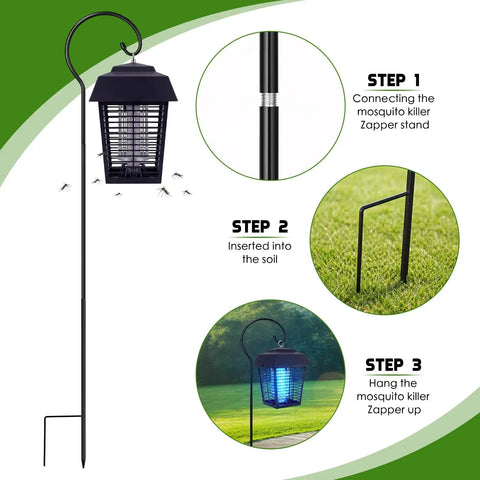 61 Inch Shepherds Hook Bug Zapper Outdoor Hanger Ground Stake Garden Plant Stand Stake For Flower Baskets Bird Feeders And Wedding Decor Easy Yard Setup - image showing installation steps with black metal hook and bug zapper lamp