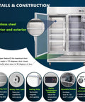 Heavy Duty 54 Inch Upright Commercial Beverage Refrigerator 42 Cubic Foot Stainless Steel Double Glass Door Beer Cooler features adjustable shelves.