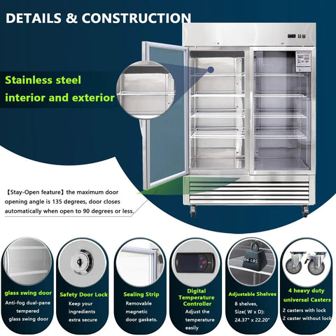 Heavy Duty 54 Inch Upright Commercial Beverage Refrigerator 42 Cubic Foot Stainless Steel Double Glass Door Beer Cooler features adjustable shelves.