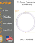 T9 Round Fluorescent Circline Lamp 32W 1750 Lumens 6500K Daylight No Fuss RoHS Compliant G10Q 4Pin Base Energy Efficient