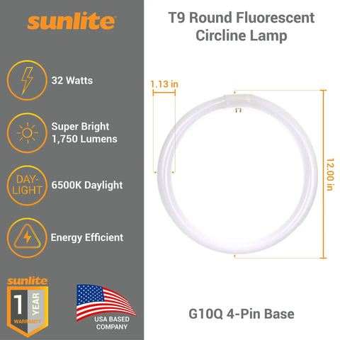 T9 Round Fluorescent Circline Lamp 32W 1750 Lumens 6500K Daylight No Fuss RoHS Compliant G10Q 4Pin Base Energy Efficient