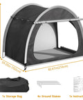 Oversized Bike Storage Tent For 3 To 4 Bikes, Portable Foldable Garage Garden Shelter with accessories and dimensions shown