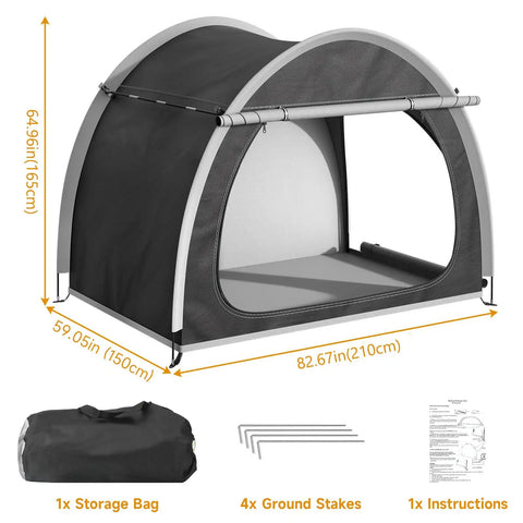 Oversized Bike Storage Tent For 3 To 4 Bikes, Portable Foldable Garage Garden Shelter with accessories and dimensions shown
