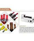 600W Electric Heat Shrink Wrap Machine For Wine, Oil, Soy Sauce, And Vinegar Bottles shows bottles with shrink caps and the machine.
