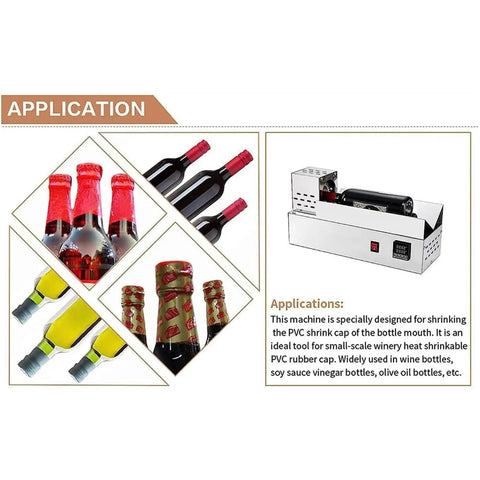600W Electric Heat Shrink Wrap Machine For Wine, Oil, Soy Sauce, And Vinegar Bottles shows bottles with shrink caps and the machine.