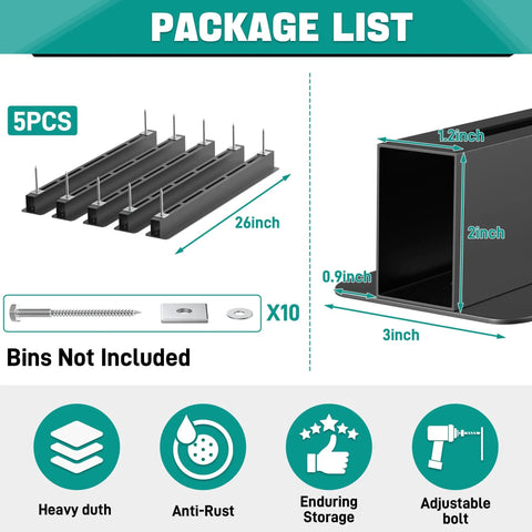 Package list diagram showing 5 heavy duty ceiling storage rack brackets, screws, and measurements for the garage overhead storage system.