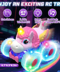 Unicorn Themed RC Car For Girls With 360 Degree Rotating Stunt Action, 4x4 All Terrain Monster Truck With LED Lights And Built In Music