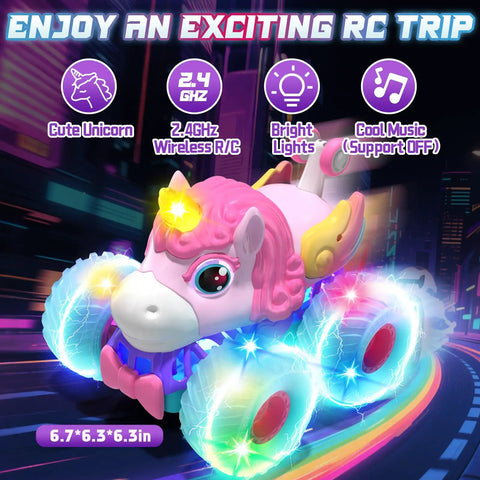 Unicorn Themed RC Car For Girls With 360 Degree Rotating Stunt Action, 4x4 All Terrain Monster Truck With LED Lights And Built In Music
