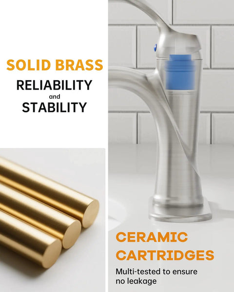Brushed Nickel Bathroom Faucet With Single Handle For One Hole Vanity Sink Satin Finish, showing solid brass and ceramic cartridges