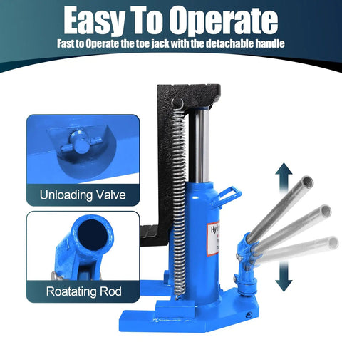 Heavy Duty Hydraulic Toe Jack Featuring 20 Ton Capacity And Rock Solid Steel Construction Perfect For Auto Bridge Projects with unloading valve and rotating rod.