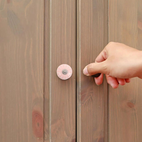 4 Pack Handcrafted Blush Ceramic Drawer Handles For Dresser And Kitchen Cabinets Single Hole Vintage Cabinet Knobs For Wardrobe And Furniture Pulls Rustic Style Easy Grip Pulls For Cabinets installed on wooden cabinet