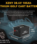 38.4V LiFePO4 golf cart battery with real-time Bluetooth monitoring and LCD display, shown on a golf cart platform, 105Ah capacity.