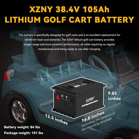 38.4V LiFePO4 golf cart battery with real-time Bluetooth monitoring and LCD display, shown on a golf cart platform, 105Ah capacity.
