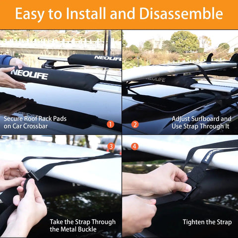 Soft Roof Rack Pads With Two 15 Ft Tie Down Straps For Surfboard, SUP Paddleboard, And Snowboard, installed on car roof
