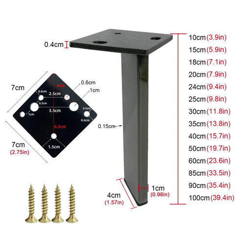 Tough As Nails 4 Pack Stainless Steel Furniture Legs Rock Solid Table Risers For TV Stand Ottoman Cabinet DIY Replacement Metal Feet With Rubber Pads 60 Cm 23.6 Inch showing dimensions and screws.